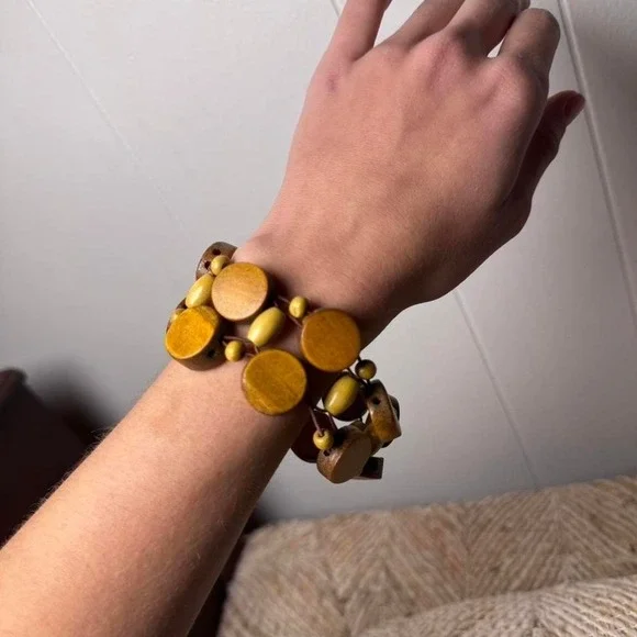 Boho Wooden Disc Stretch Bracelet Earthy Brown Olive Green Beaded Statement - Picture 1 of 8